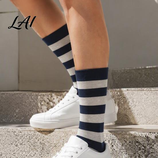 Moisture Wicking Athletic Socks 1 Pair Men's Stripe Crew Socks Mid-Calf Dress for Business Breathable Commuter Cotton Casual with High-Elastic