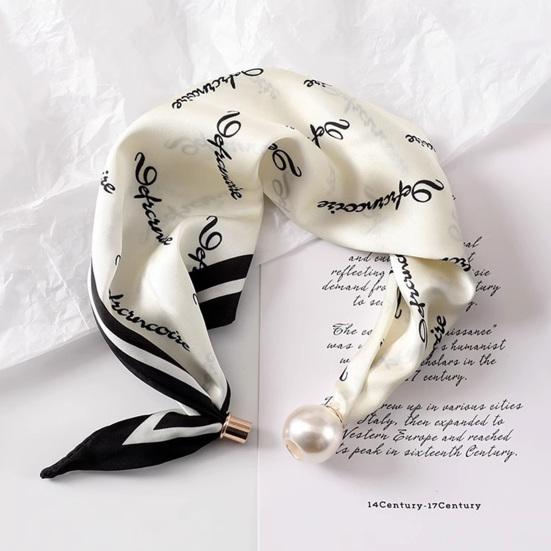 Women Silk Scarf Striped Leopard Dot Print Silk Scarf Necklace with Faux Pearl Magnetic Buttons Formal Wear Accessories