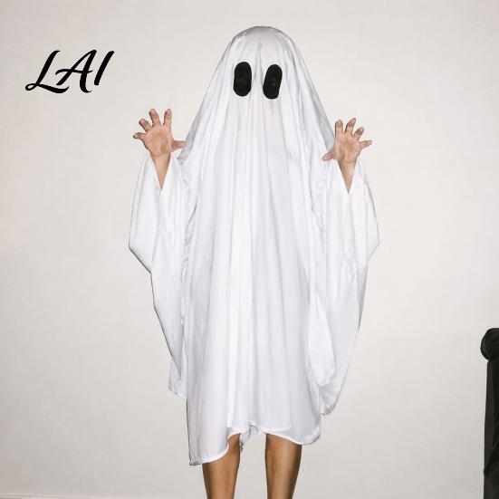 Costume Fantasma per Travestimento di Halloween per Bambini Adulti Cosplay Vestito Mantello Adulto Mantello Bianco Spettrale con Fori Neri per gli Occhi Tuta Facile da Indossare