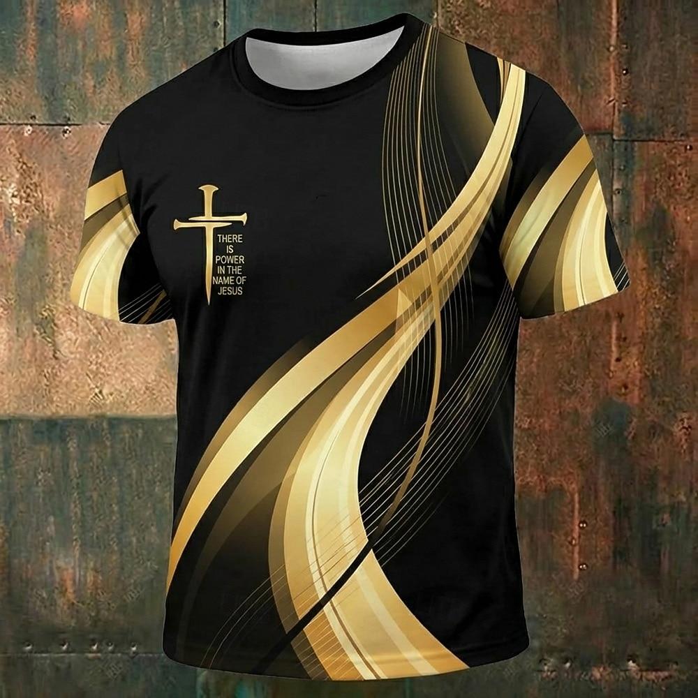 Men's Bible Cross Graphic T Shirt All Over Print Gradient Crew Neck Short Sleeve Christian Faith Gift Designer Clothing