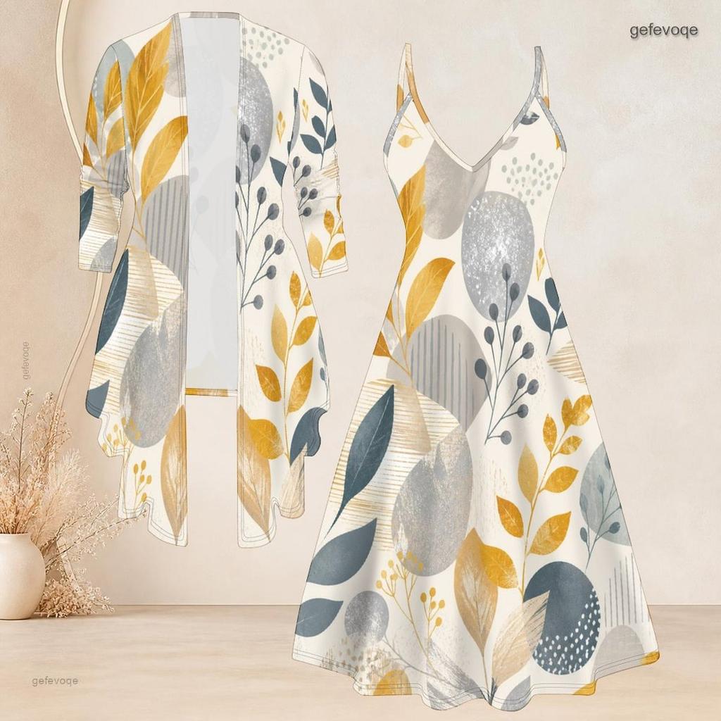 Women Plus Size Two Piece Outfit Long Sleeve Open Cardigan Cami Maxi Dress