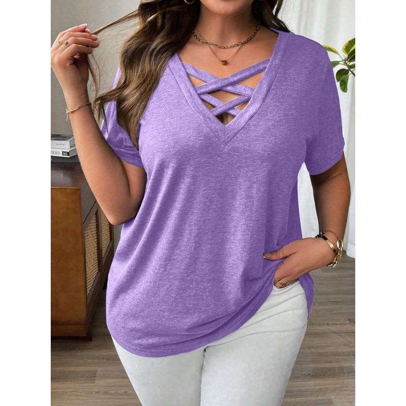 Summer Fashion Plus Women's V-neck T-shirt Solid Color Short Sleeved Sexy Top Shirt