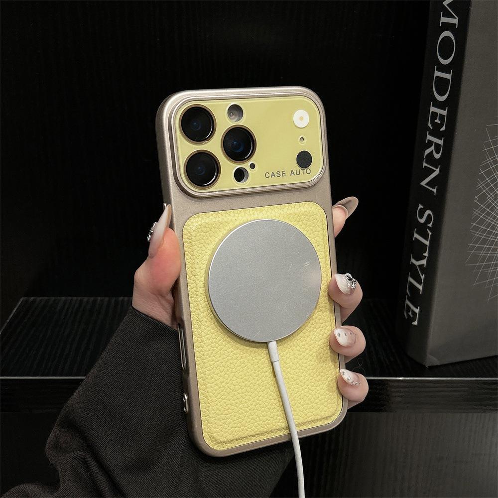 Lychee Pattern Magnetic Snap iPhone16/17Pro Case with Large Lens Protector