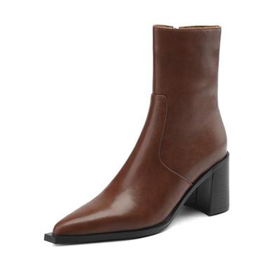 Sapatos de Inverno de Pele de Vaca Salto Alto Grosso Botas Chelesa Senhora de Escritório Zíper Manter Quente Botins