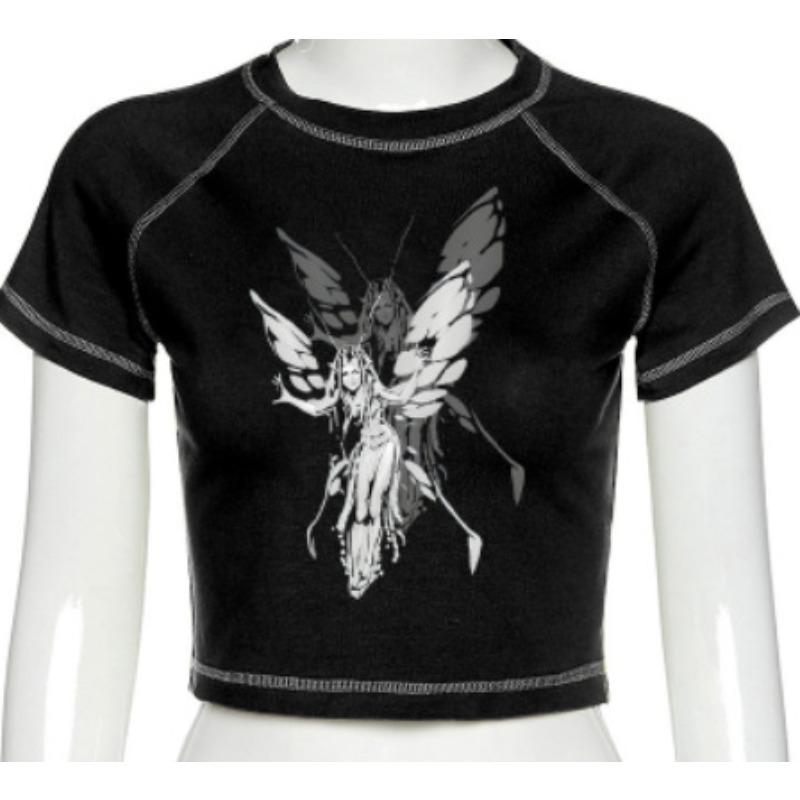 Dámské tričko Harajuku Crop Top Harajuku Retro Korean Black Demon Punk Gothic Anime Print Oblečení Slim anime
