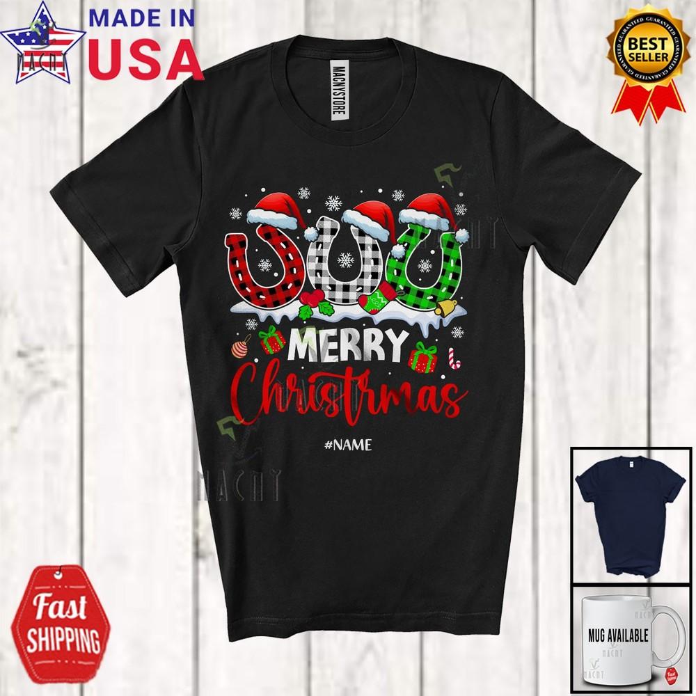 Custom Name Merry Christmas Lovely Three Santa Plaid Horse Shoes T-Shirt XL