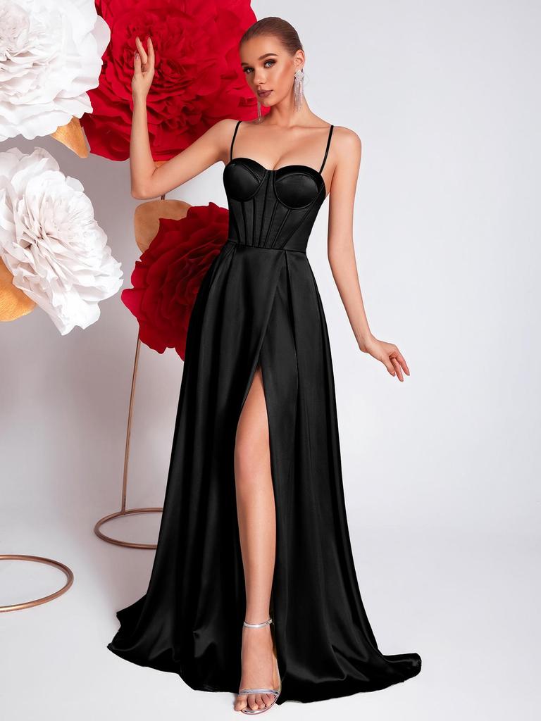 European & American Satin Fabric High-End Slimming Sling Evening Dress