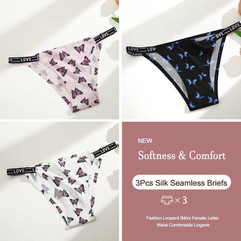 3Pcs Silk Seamless Women's Panties Sexy Flower Butterfly Briefs Fashion Leopard Bikini Female Letter Waist Comfortable Lingerie