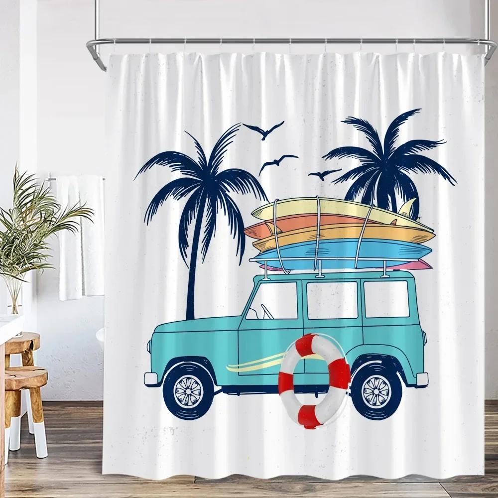 Camping Shower Curtain Camper Travel Bus Beach Coconut Tree Surfboard Outdoor Action Bathroom Decoration RV Shower Curtain
