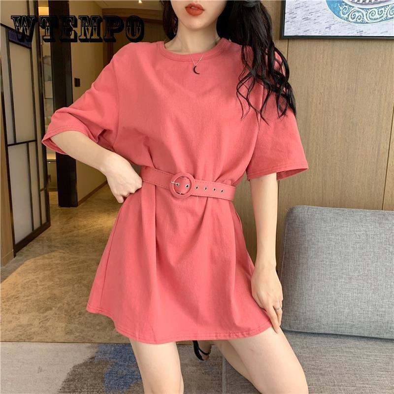 

Женская футболка с поясом средней длины и короткими рукавами, свободная универсальная футболка, однотонное платье для студентов