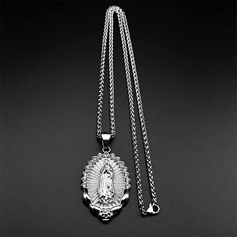 Catholic Virgin Mary Rhinestones Pendant Necklace for Women Men Stainless Steel Gold Color Our Lady of Guadalupe Chain Jewelry