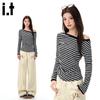 :CHOCOOLATEit Black and White Striped Off-Shoulder Long Sleeve T-Shirt