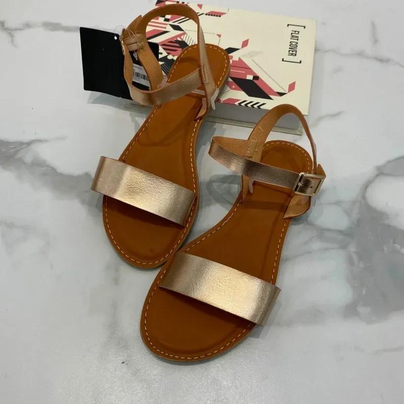 Fashion Leather Sandals for Women Flat with Summer Shoes Woman Retro Solid Round To Comfortable Casual Anti Skidding Beach Sandalias