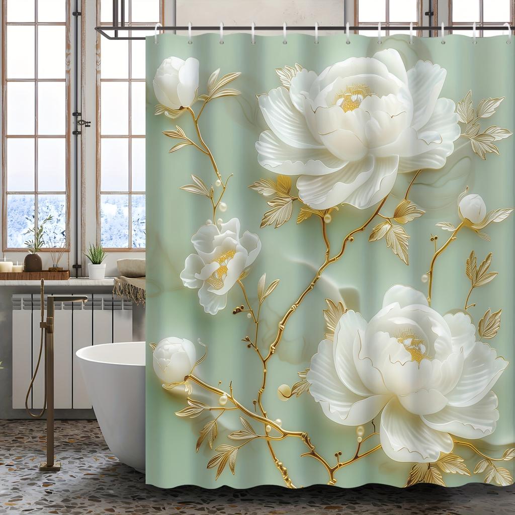 Elegant Peony Shower Curtain - Golden Leaf Design, Waterproof Polyester,  Machine Washable,  Floral Bath Decor