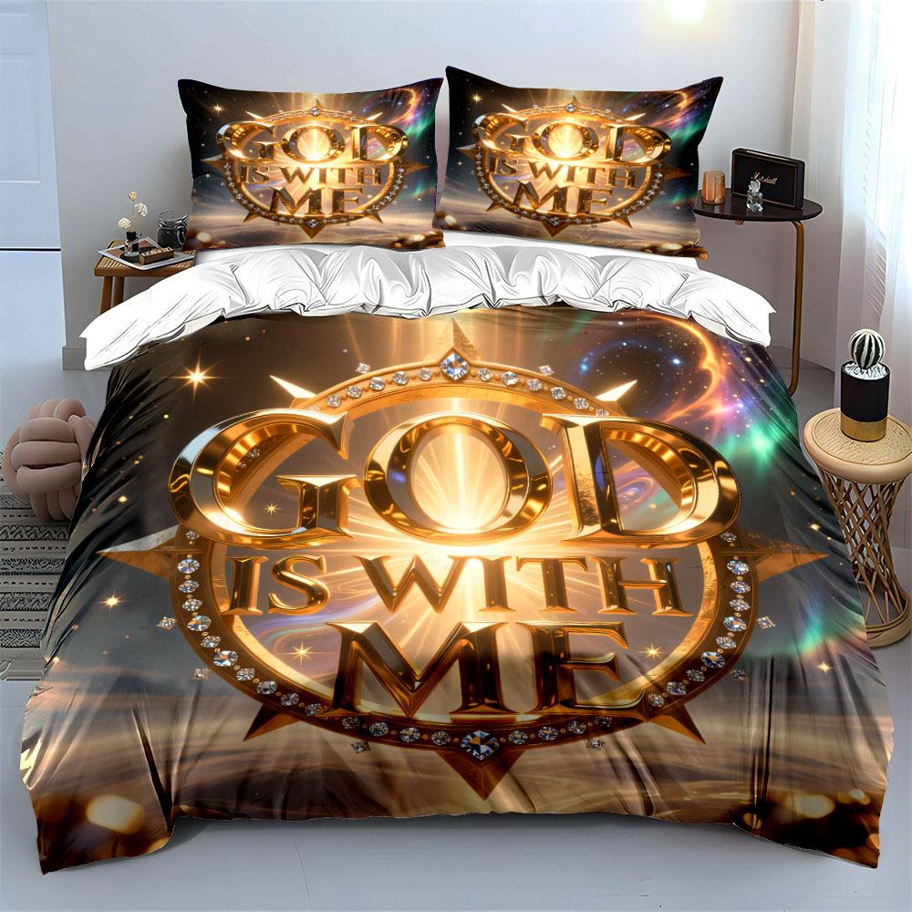 "Elegant Spiritual Gold Decor Set"Suitable for religious lovers.kid's and adults' bedroom decor,Exquisite 3PC bedding set gift