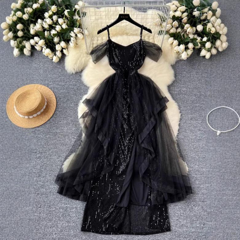 Temperament Black Evening Dress Dress Women's Spring and Autumn New Banquet Advanced Sense French Piano Performance Vocal Art Test Dress