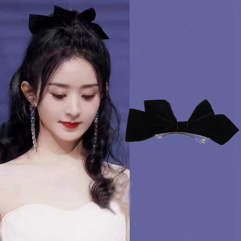 Elegant French Red and Black Velvet Bow Hairpin for Women