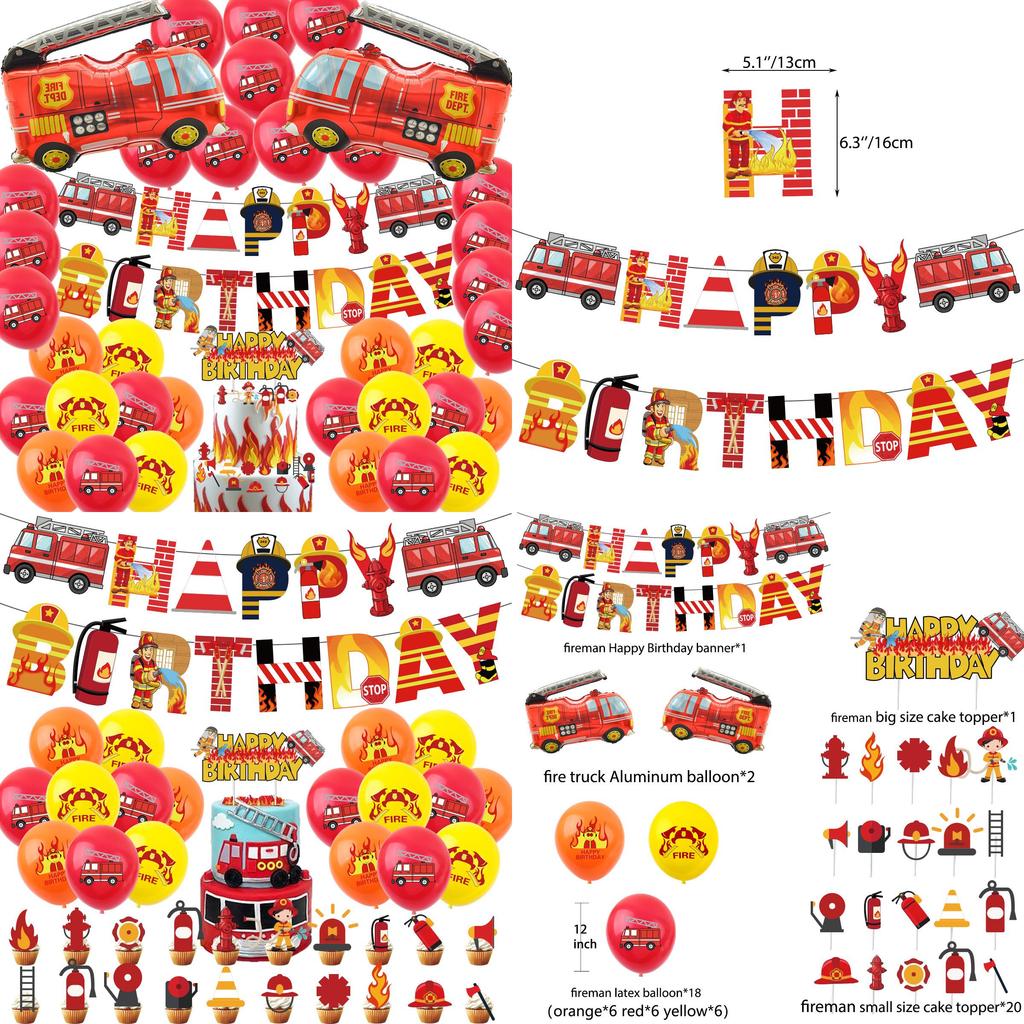 Fire Truck Aluminum Foil Banner Birthday Party Decoration Fireman Theme Cake Insert Balloon Pull Flag Set