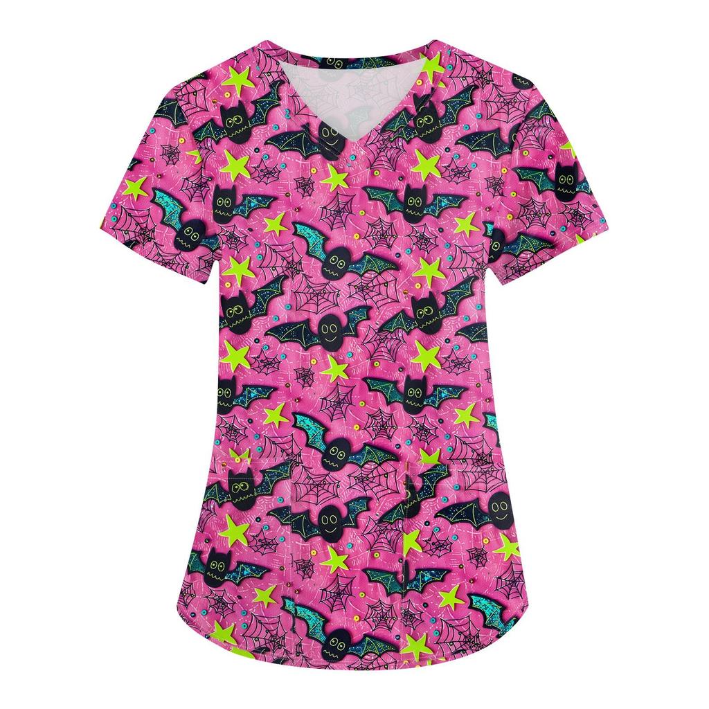 Damen Halloween Print Uniform Arbeitsuniform V-Ausschnitt Tasche Schutz Arbeitsuniform