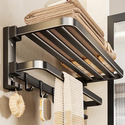 Towel Rack Foldable Wall Mounted Space Aluminum Towel Rail with Hooks Black Matte Finish Durable Rust-Resistant Bathroom Storage Rack