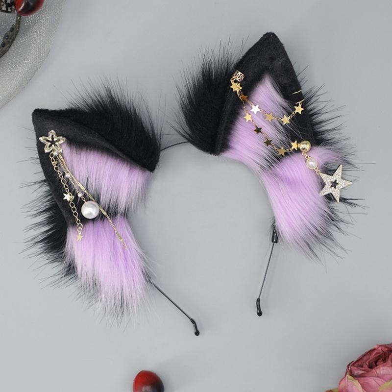 Wolf Ears Handmade Animal Furry Kitten Headband Star Tassels for Masquerade