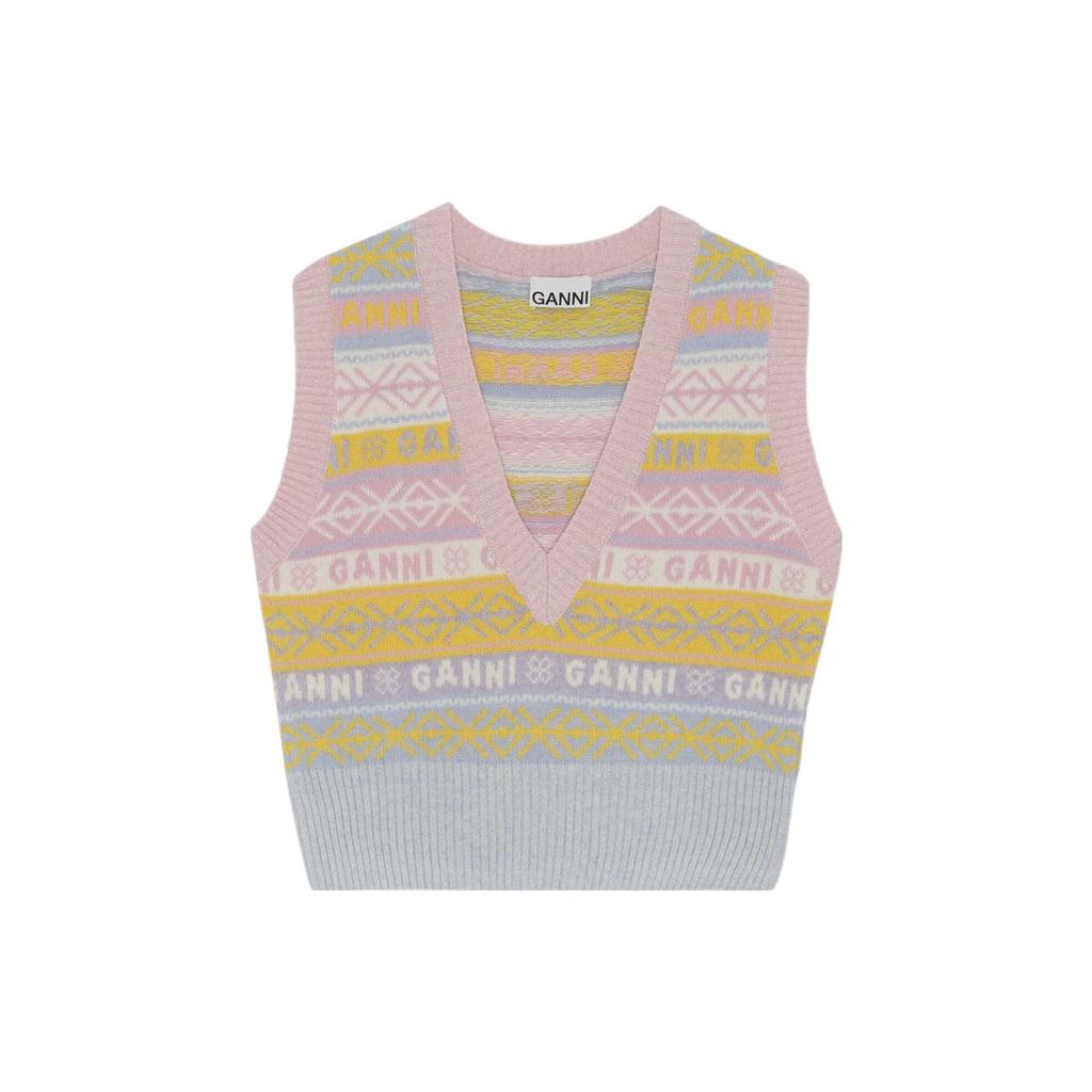 Ganni Gilet lavorato a maglia con logo retrò e motivo color block ricamato da donna SS22 Multicolore K1758-999