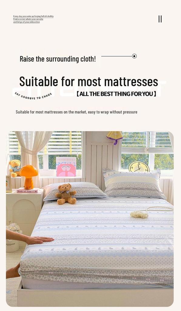 Pure Cotton Printed Single Bed Sheet Set - Fitted Sheet, Protective Cover, Pad Cover (3 Pieces)