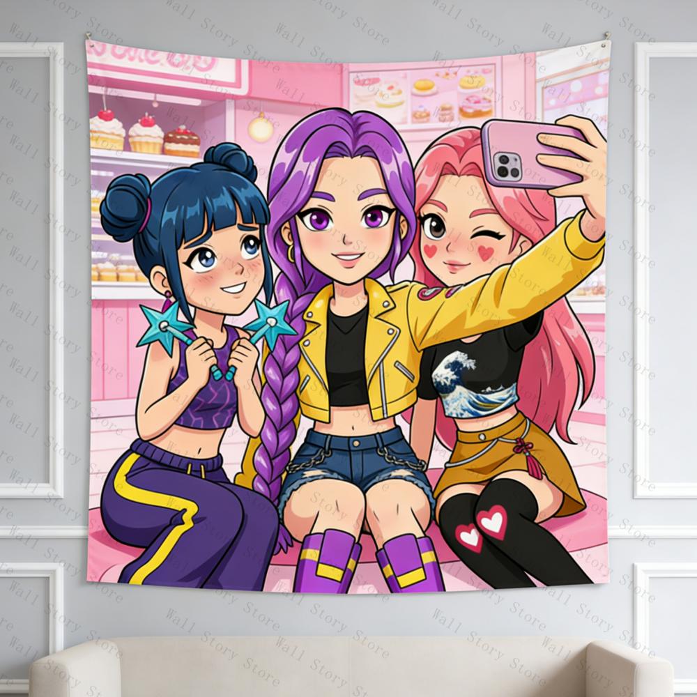 Anime Trio Girl Tapestry Cartoon Wall Hanging Bohemian Aesthetic Decor for Bedroom Living Room Dorm Multiple Scene Use Tapestry