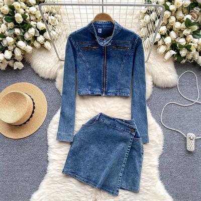 American vintage Denim Suit Spring Clothing Women  Zip-up Cardigan Outerwear Versatile Design Sense Skirt Two-piece Set