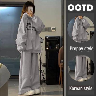 Women's College Style Hooded Sweatshirt & Casual Pants: Single/Set, Spring & Autumn, Loose Fit, Two-Piece.