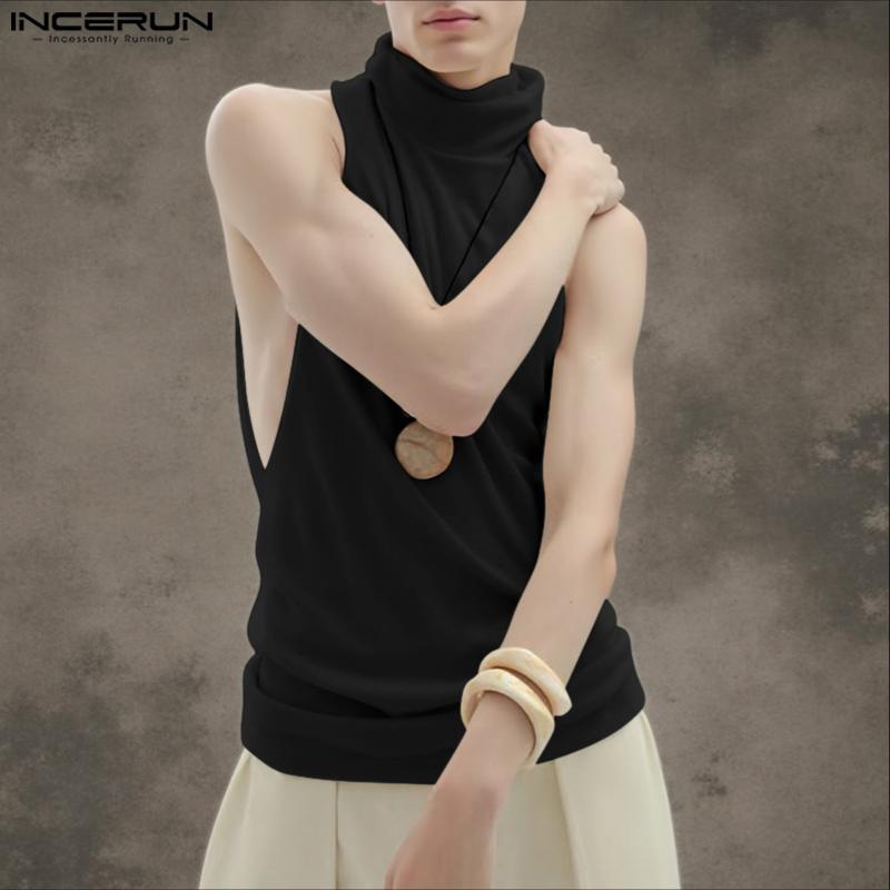 INCERUN Men High Neck Sleeveless Cutout Side Casual Loose Knitted Tank Tops