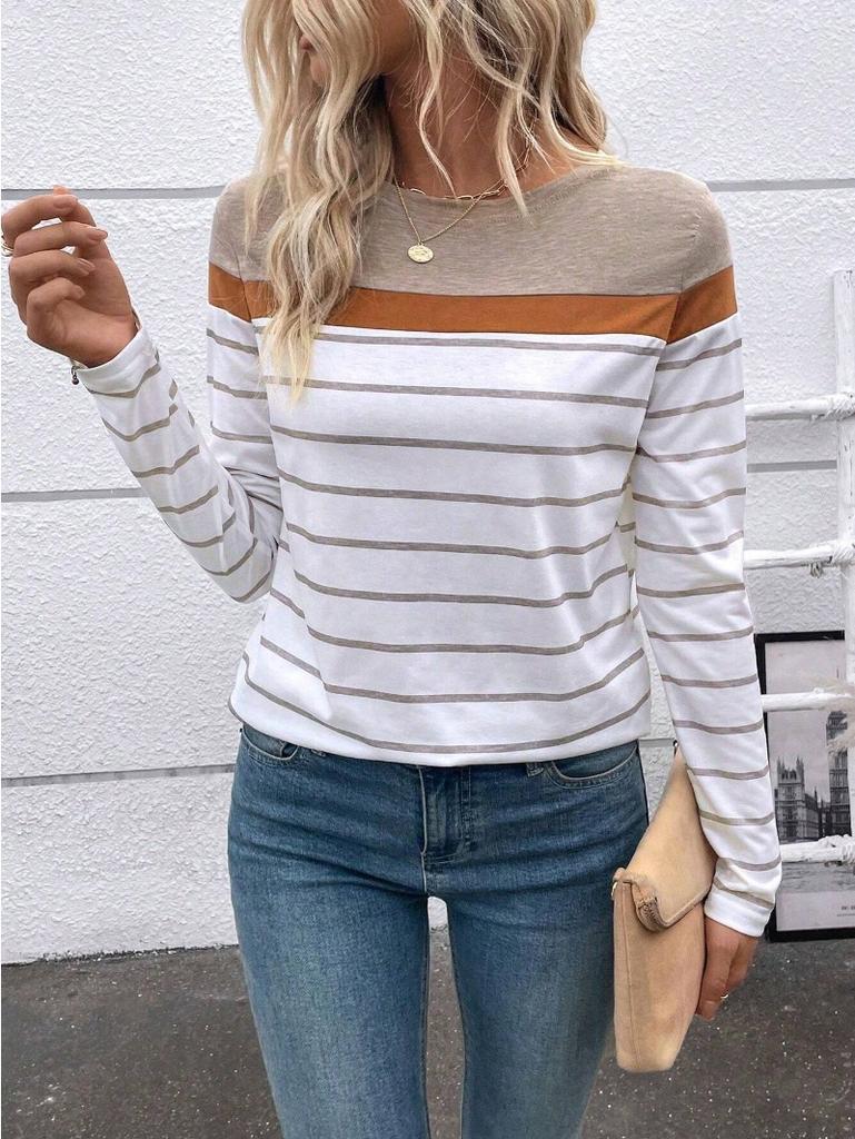 Damen T-Shirt 3D Streifen Colorblock Print Mode Langarm Rundhals Regular Top Feiertagswochenende Frühling und Herbst