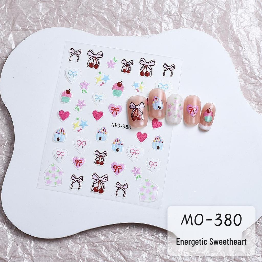 3D Cute Bow, Cherry, and Heart Embossed Nail Stickers - Self-Adhesive Decals