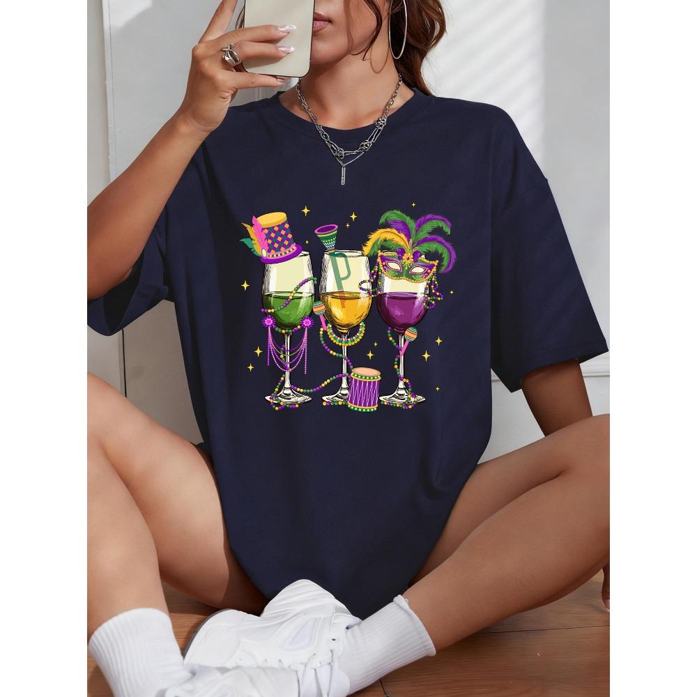 Happy Carnivals Wine Cup Hand Drum Print Short Sleeve Women Cotton Y2K Crewneck T-Shirt Soft Top Summer Loose T Shirt