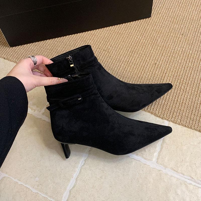 

Fashion New Fashion Flock Women Ankle Modern Boots Heels Shoes Pumps Female Pointed Toe Ladies Short Boots With Zippers Shoes 35 чёрный