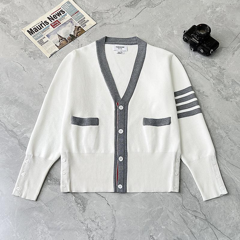 TB Unisex V-Neck Knit Cardigan - Autumn/Winter Colorblock Sleeves with Four Stripes, Slim Fit, Fairy Style.