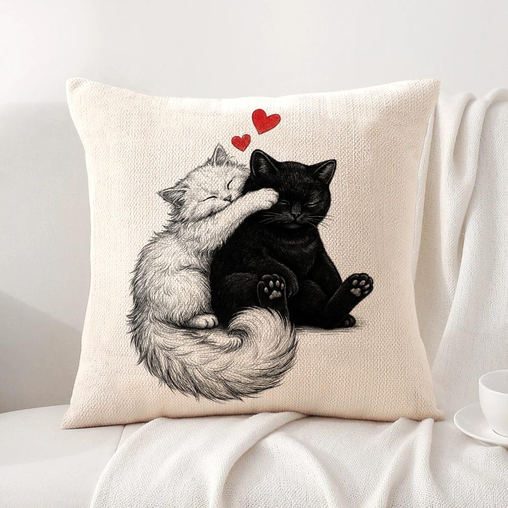 Couple cats Cushion Cover Natural Linen Organic Fabric DoubleSided Printing Sofa Home Decor Breathable Bed Pillow