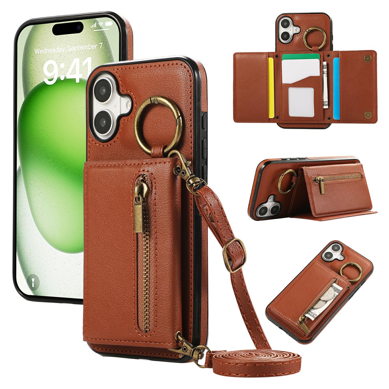 

For iPhone 17 Leather Back Cover Zipper Wallet Kickstand Phone Case with Shoulder Strap Brown