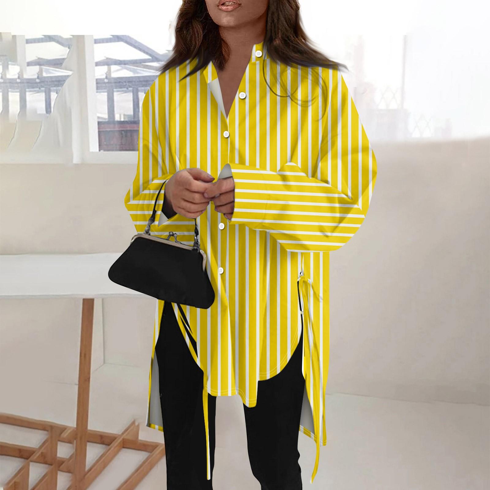 

Модная повседневная однотонная рубашка с длинными рукавами и лацканами свободного типа для женщин XL жёлтый
