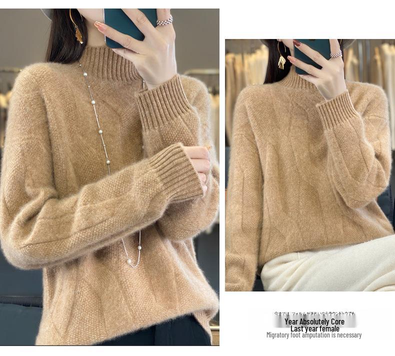 Women's Thickened Pure Wool Sweater - Half-High Collar, Full Body Cable Knit, Loose Fit, Versatile Drop Shoulder Design.