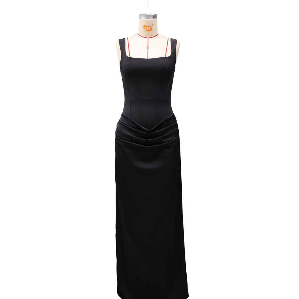 2026 European Style Spring Solid Color Sleeveless Slim-fit Pleated Square Neck Dress