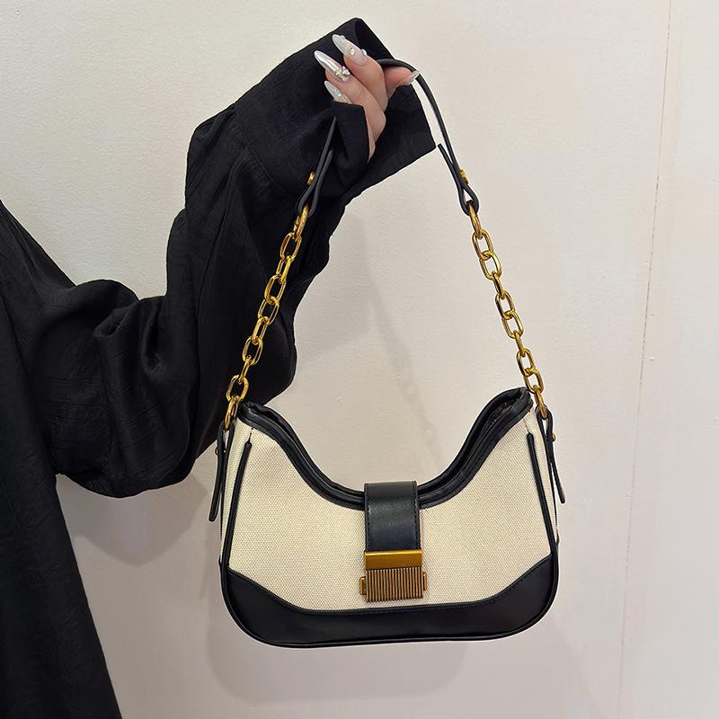 Women's Color Block Chain Underarm Bag - Fashionable Patchwork Shoulder and Crossbody Handbag