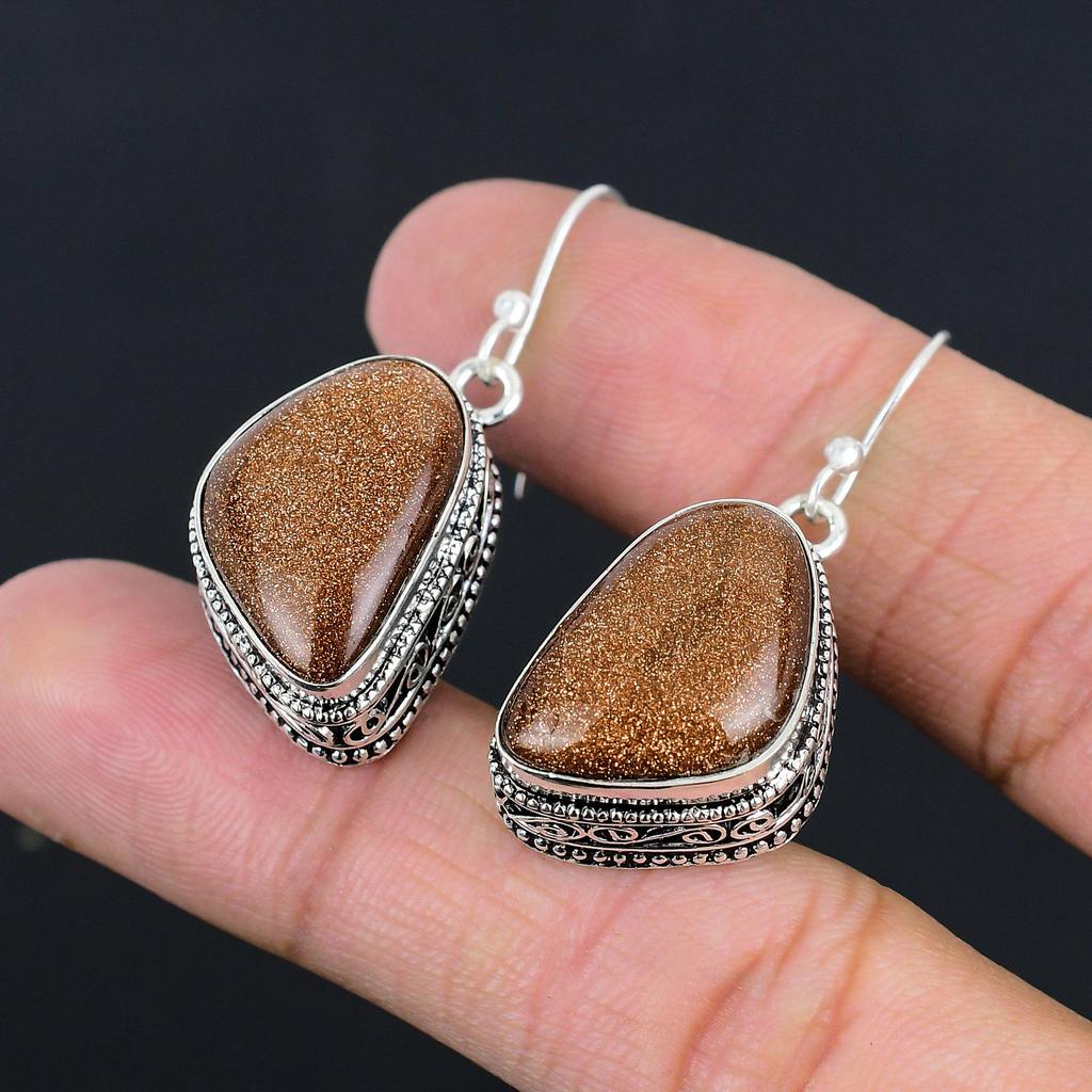 925 Sterling Silver Red Sunstone Stone Wife Dangle Drop Ethnic Earrings Jewelry