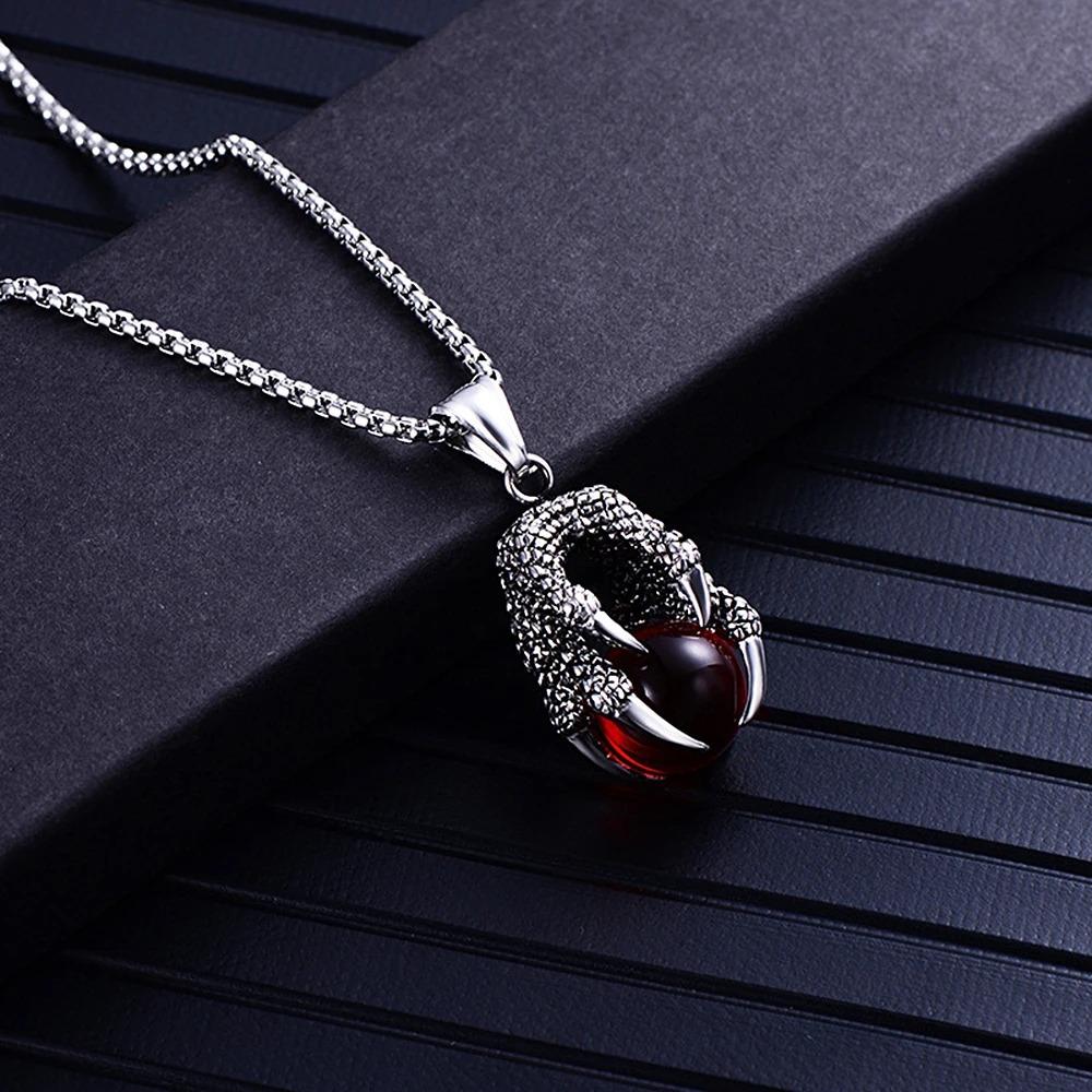 European and American Titanium Steel Dragon Claw Bead Pendant Stainless Steel Jewelry Inlaid Stone Pendant Personalized Men's Necklace