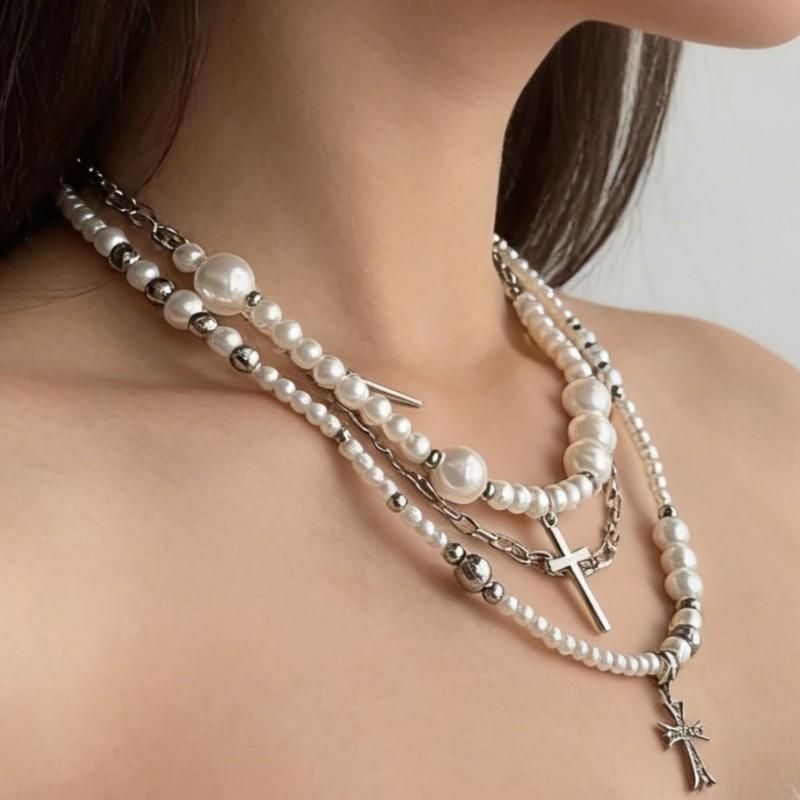 Original Multi-layer Stacked Cross Imitation Pearl Necklace, Niche Design Light Luxury High Sense Collarbone Chain for Women