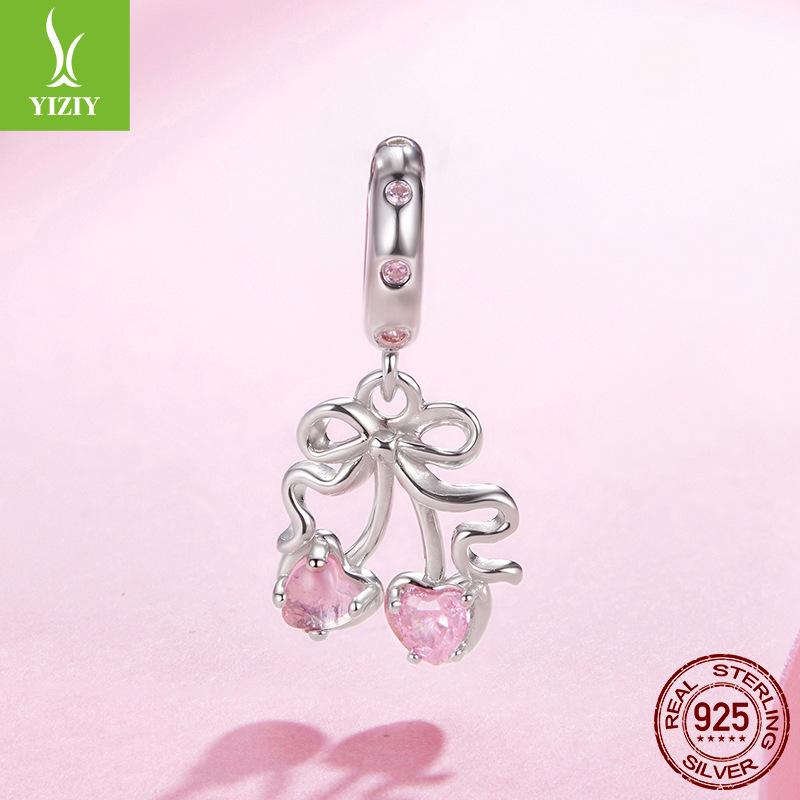 S925 Sterling Silver Pink Cherry Pendant Jewelry Accessories Sweet And Cute Bow Diy Beads