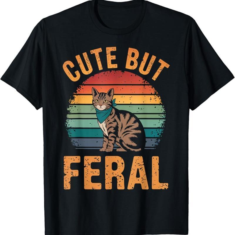 Cute But Feral Cat Retro Sunset Vintage Style Design T Shirt