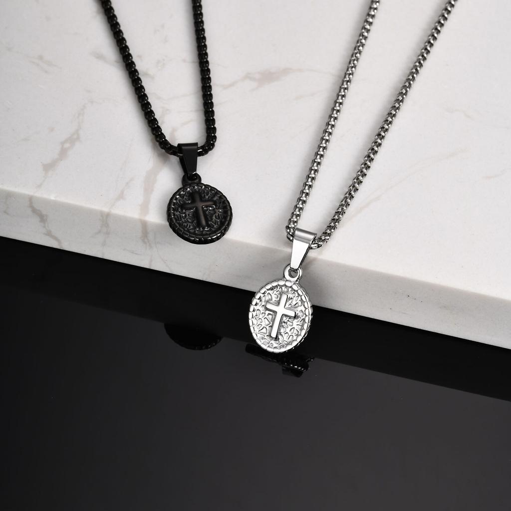 Vnox Oval Cross Charm Necklace for Men, 12.4x17.7mm Stainless Steel Pendant with Box Chain, Religious Faith Prayer Jewelry Gifts
