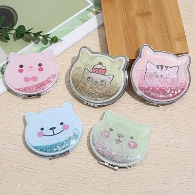 1 Handheld Mirror, Cat Quicksand Double-sided Makeup Mirror, Double-sided Portable Portable Makeup Mirror, Portable Folding Vanity Mirror