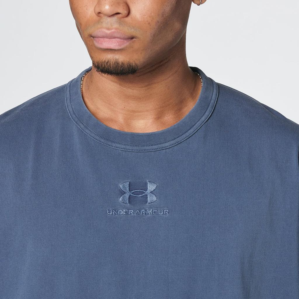 Under Armour Design de Bordado Dopamina Cor Sólida Casual Gola Redonda Manga Curta Ombro Caído Camiseta Masculina Camisetas Azul 1387993-044